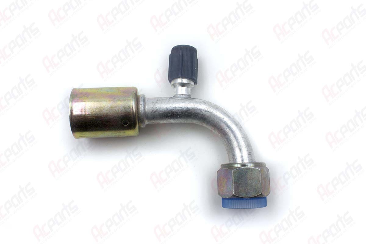 Self Crimp Fitting 90 Degree #10 Female O'RING With R134a Service Port - Speedy Air Spares