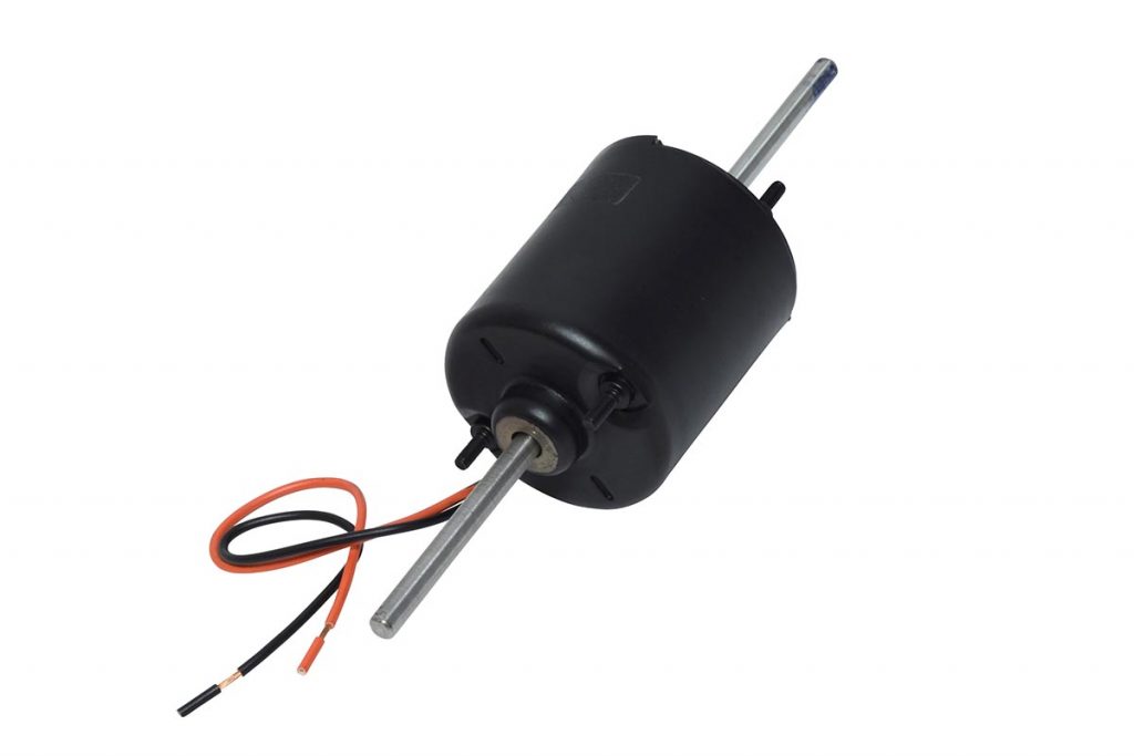 Blower Motor, Double Shaft, 5/16" DIAMETER, 12V. REV 2 wire. Red Dot